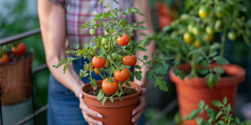 Kleiner Balkongarten mit reifen Tomatenpflanzen