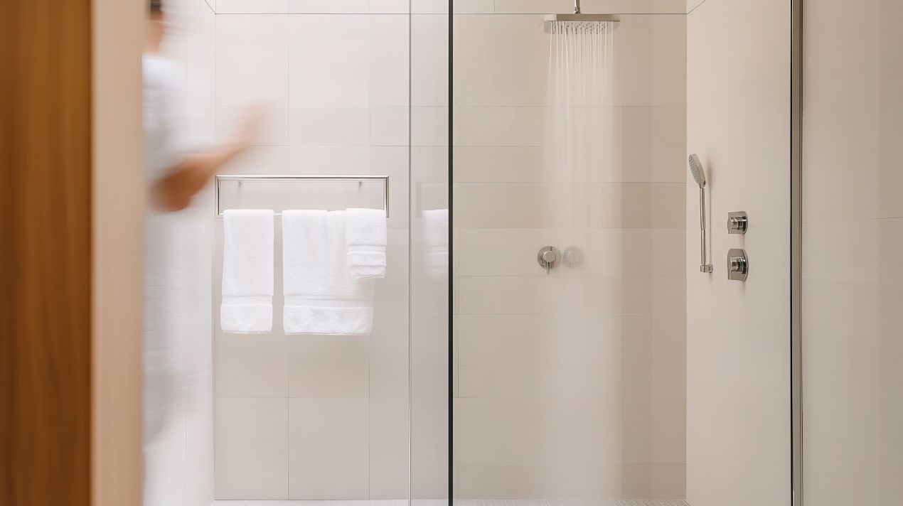 Elegante Dusche mit glatter Duschrückwand und fließendem Wasser für ein modernes Badezimmerdesign