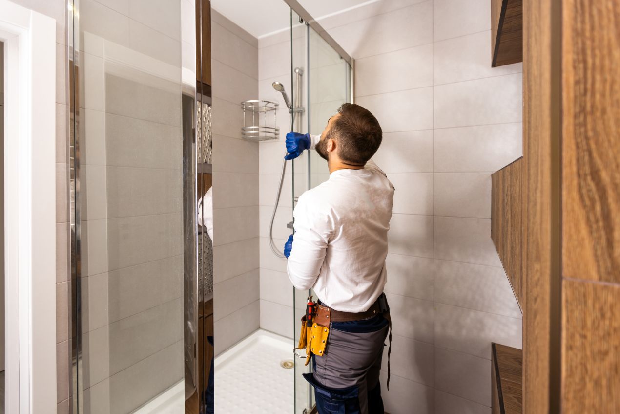 Handwerker bei der Installation einer modernen Duschrückwand in einem Badezimmer