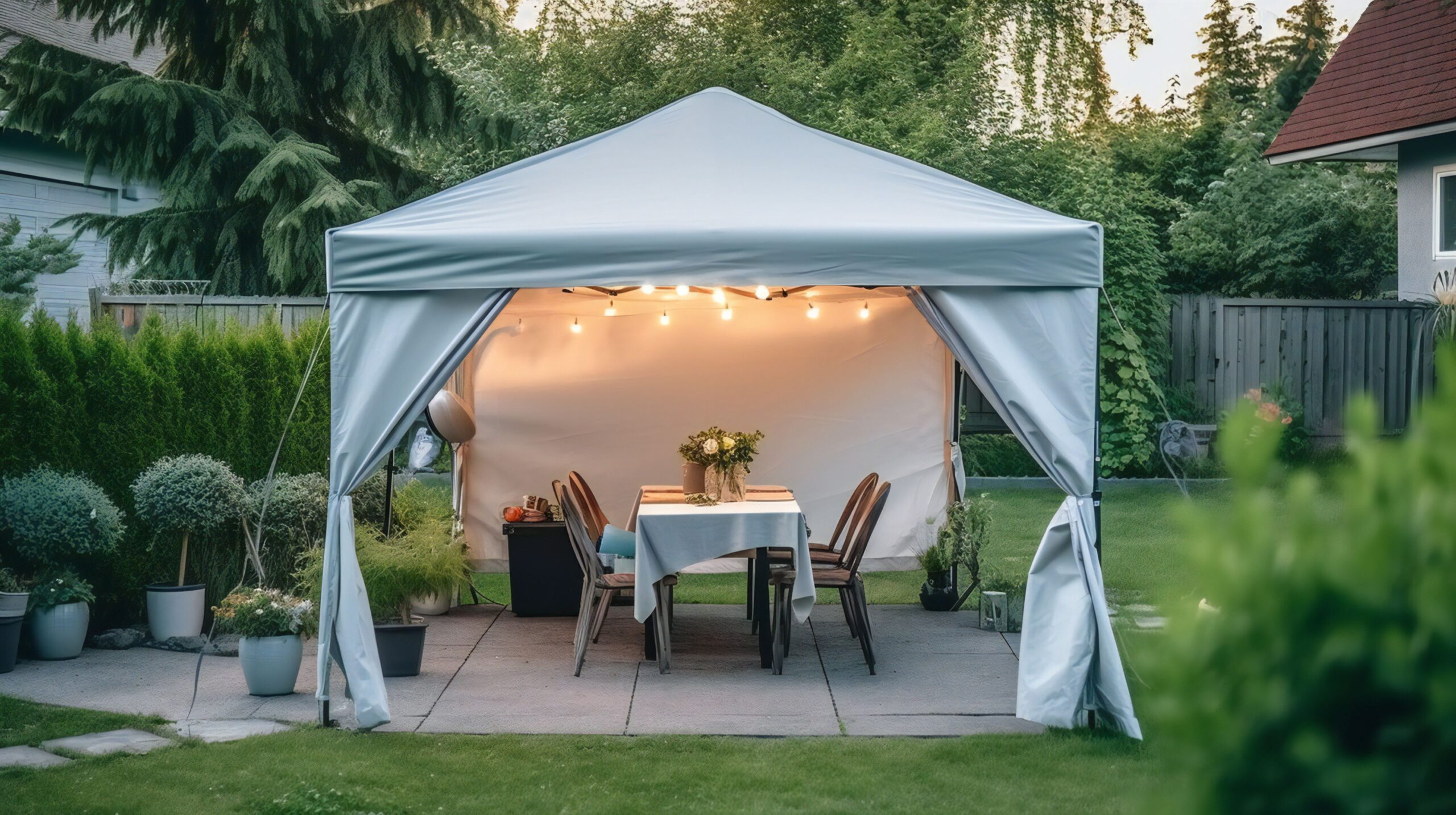Gartenzelt als stilvolle Outdoor-Einrichtung mit gedecktem Tisch und Beleuchtung im Garten